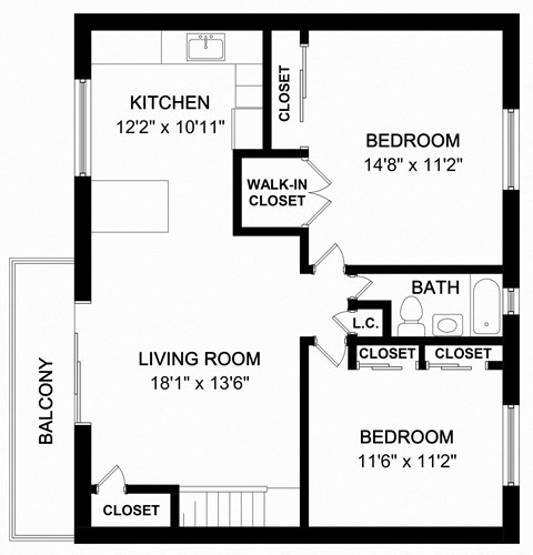 Floor plan for 2 beds, 1 bath, 952 sqft